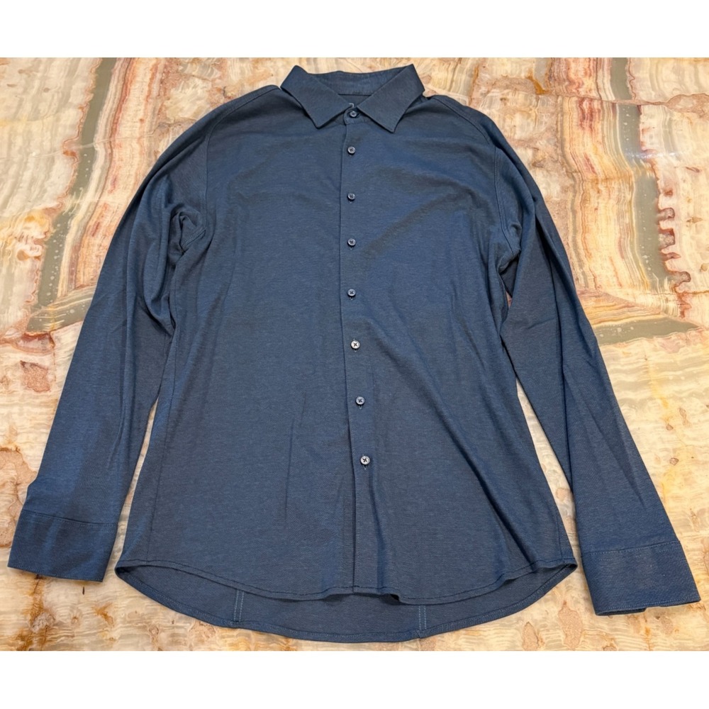 Desoto‎ Mens Button Up Shirt Dark Blue Modern Fit Jersey Stretch Long Sleeve M